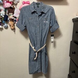 NWT Lauren Ralph Lauren Denim Shirt Dress With Rope Belted Sz Medium